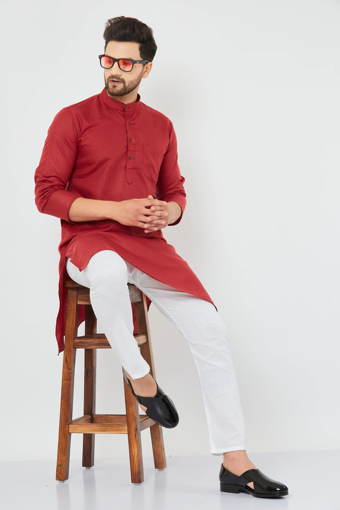 Men's Plain Solid Maroon Cotton Kurta