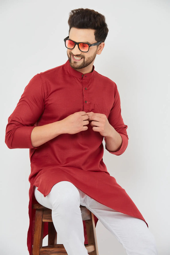 Maroon Cotton Solid Plain Kurta with Crisp White Pajama Set for Men