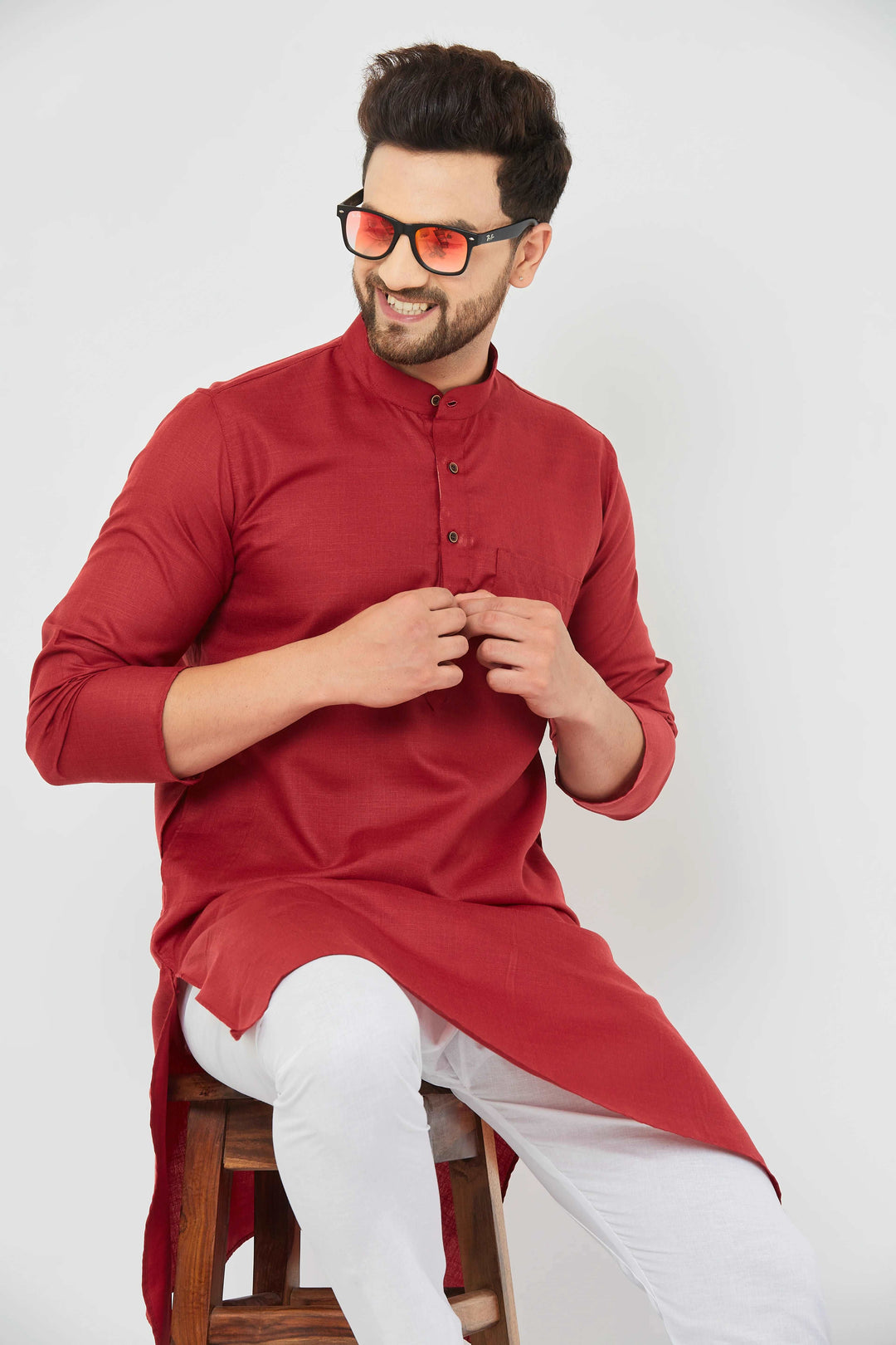 Men's Plain Solid Maroon Cotton Kurta