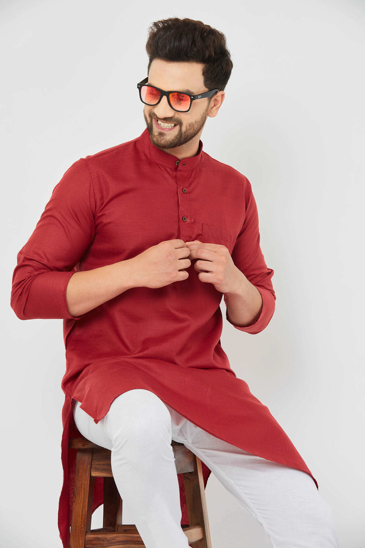 Men's Plain Solid Maroon Cotton Kurta