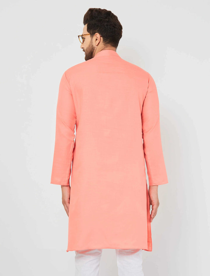 Men's Peach Cotton Bland Kurta