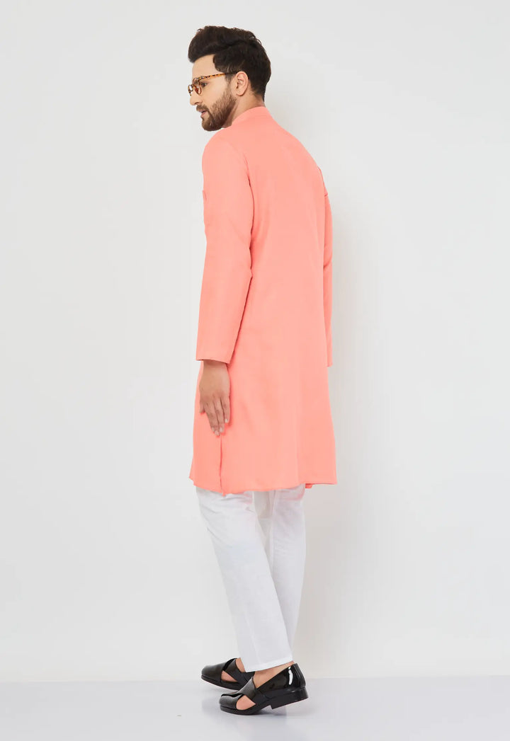 Peach Perfection Cotton Solid Plain Kurta with Crisp White Pajama Set for Men