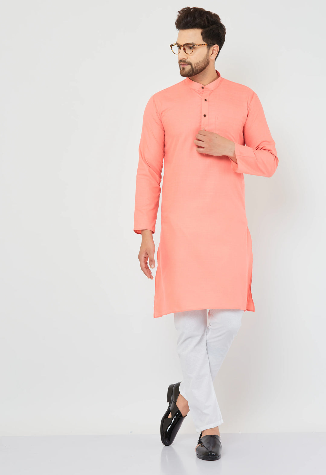 Men's Peach Cotton Bland Kurta