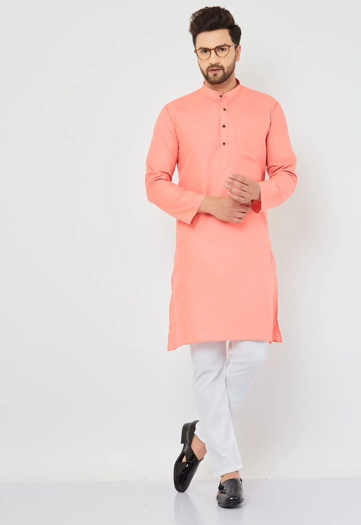 Peach Perfection Cotton Solid Plain Kurta with Crisp White Pajama Set for Men