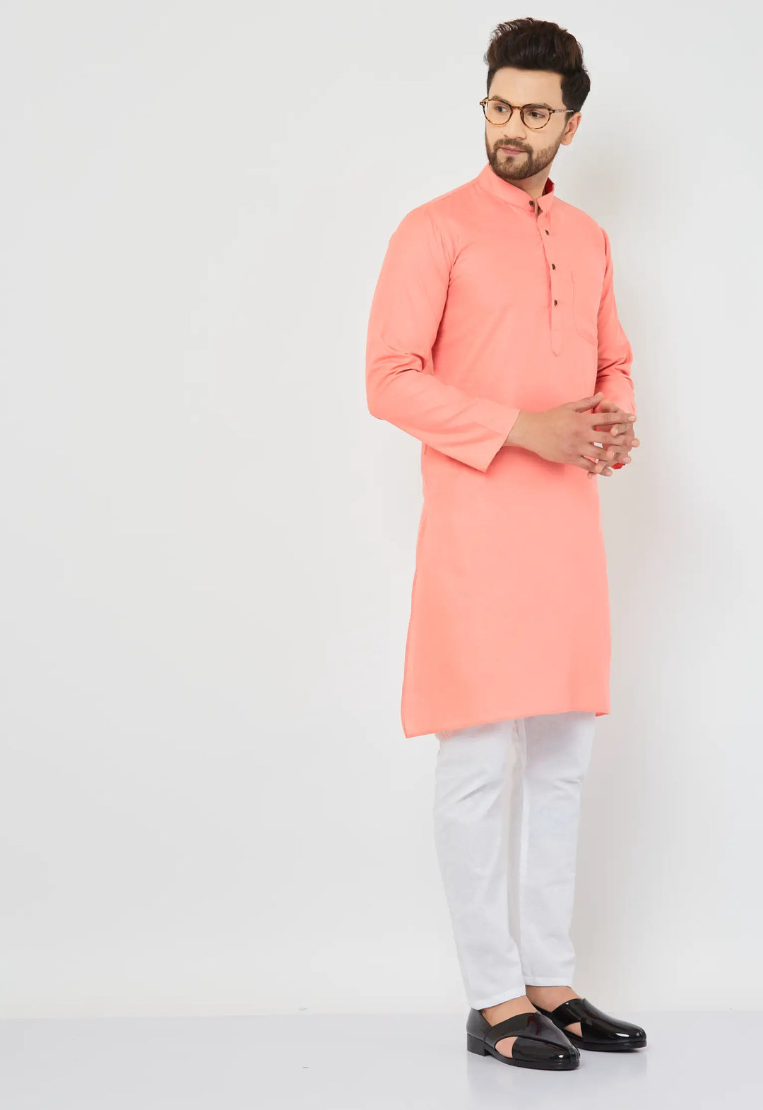 Peach Perfection Cotton Solid Plain Kurta with Crisp White Pajama Set for Men