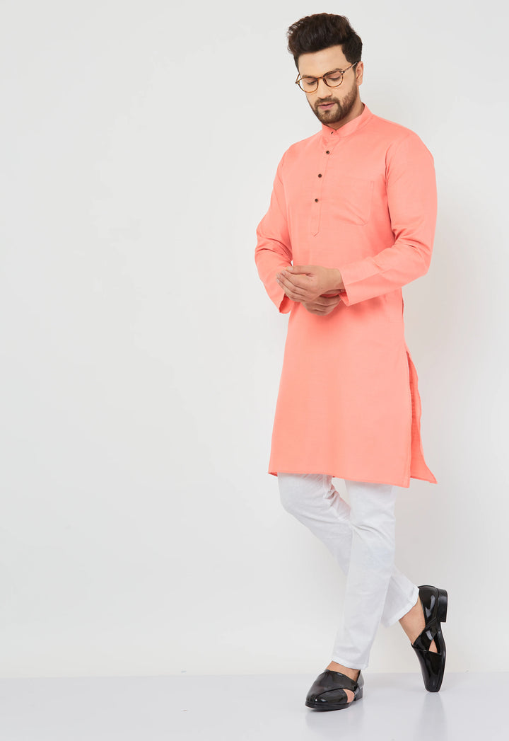 Men's Peach Cotton Bland Kurta