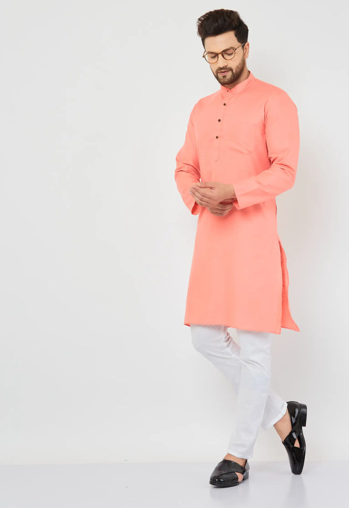 Peach Perfection Cotton Solid Plain Kurta with Crisp White Pajama Set for Men