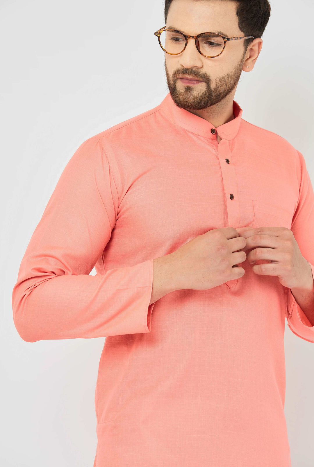 Men's Peach Cotton Bland Kurta