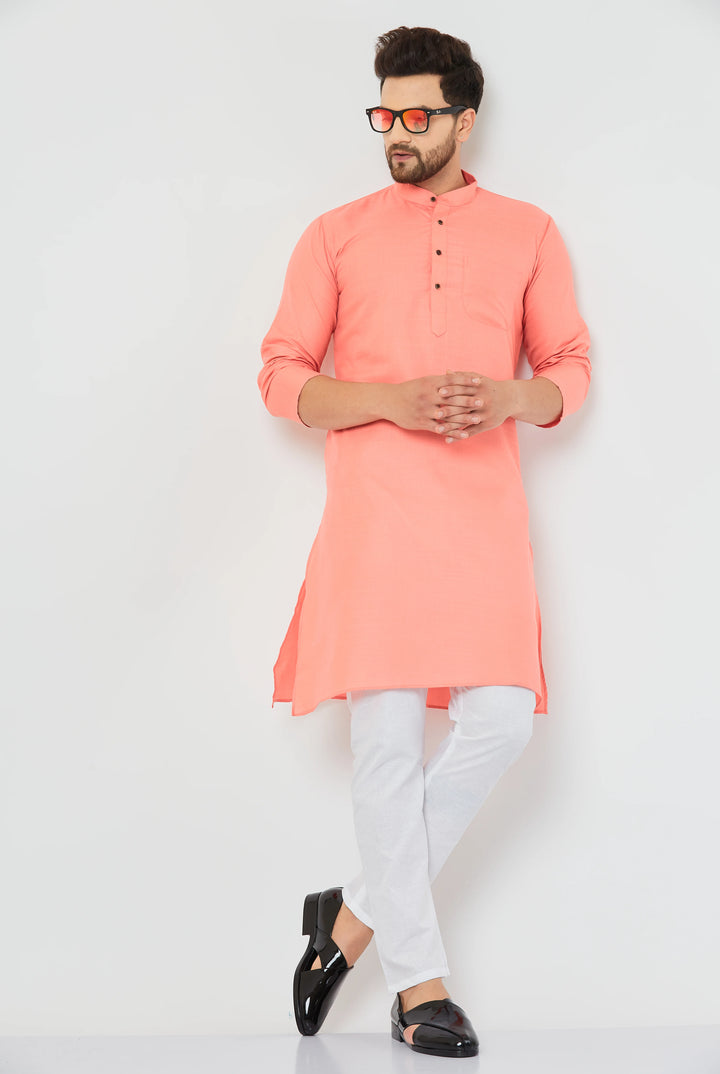 Men's Peach Cotton Bland Kurta