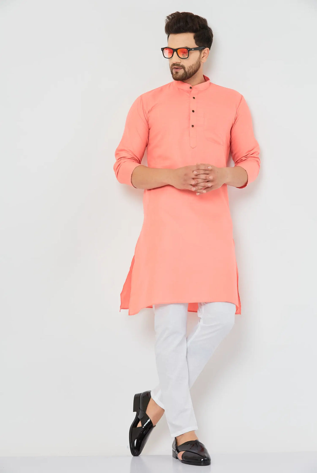 Peach Perfection Cotton Solid Plain Kurta with Crisp White Pajama Set for Men