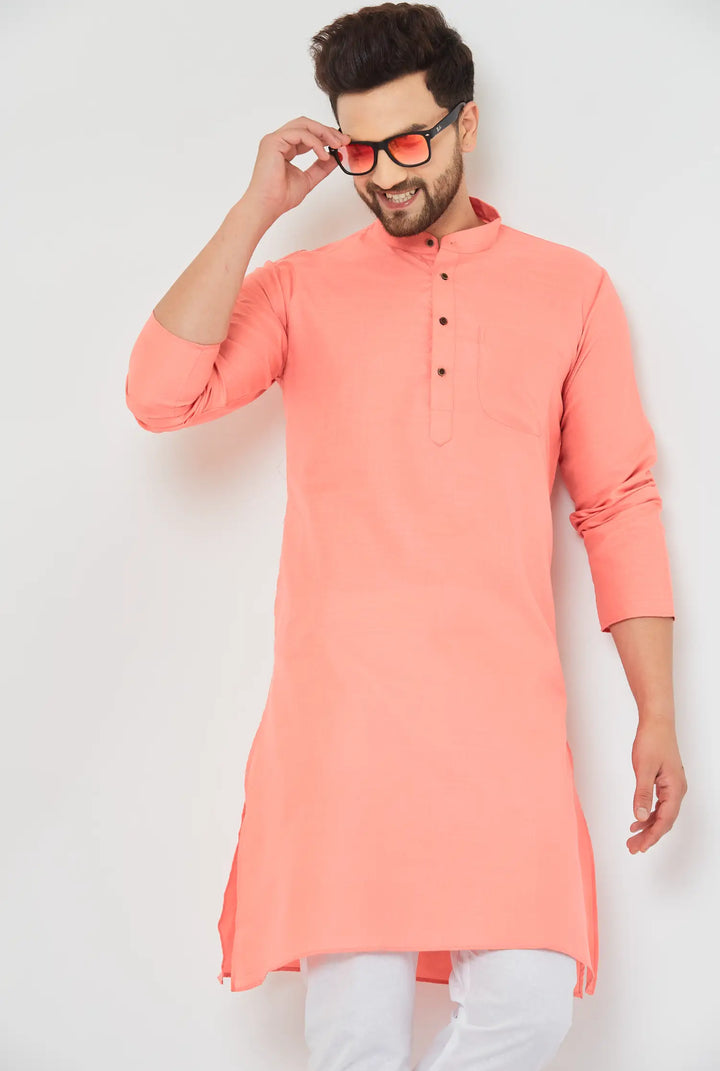 Peach Perfection Cotton Solid Plain Kurta with Crisp White Pajama Set for Men