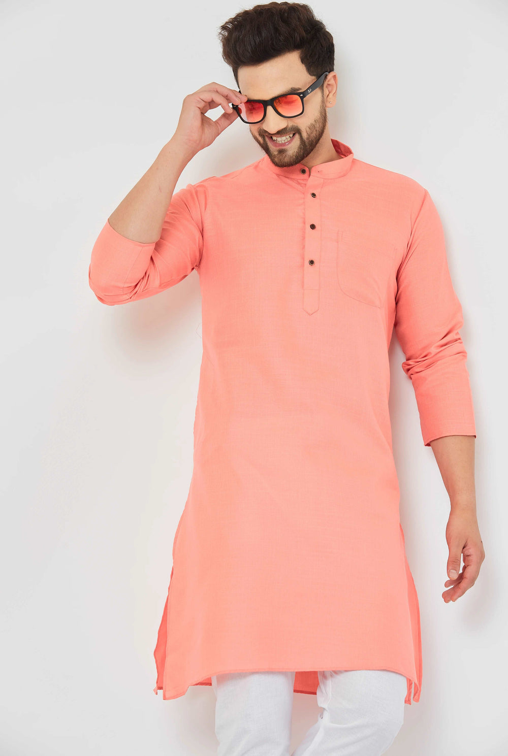 Men's Peach Cotton Bland Kurta