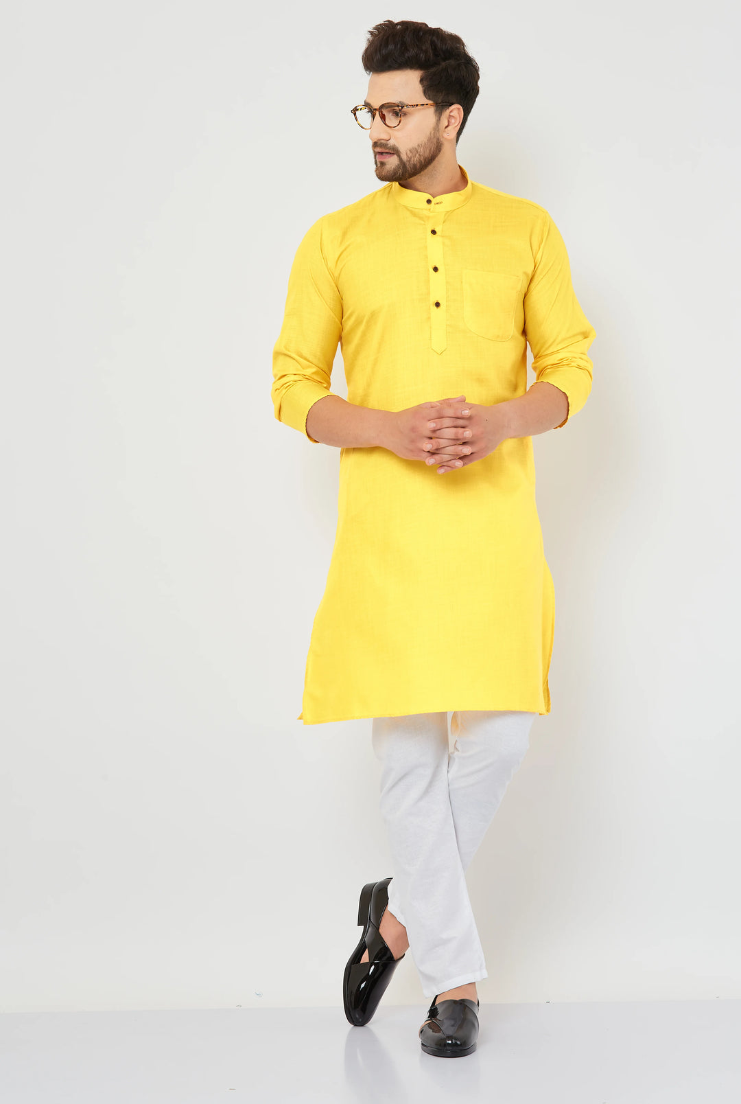 Men's Plain Solid Yellow Pure Cotton Kurta Only