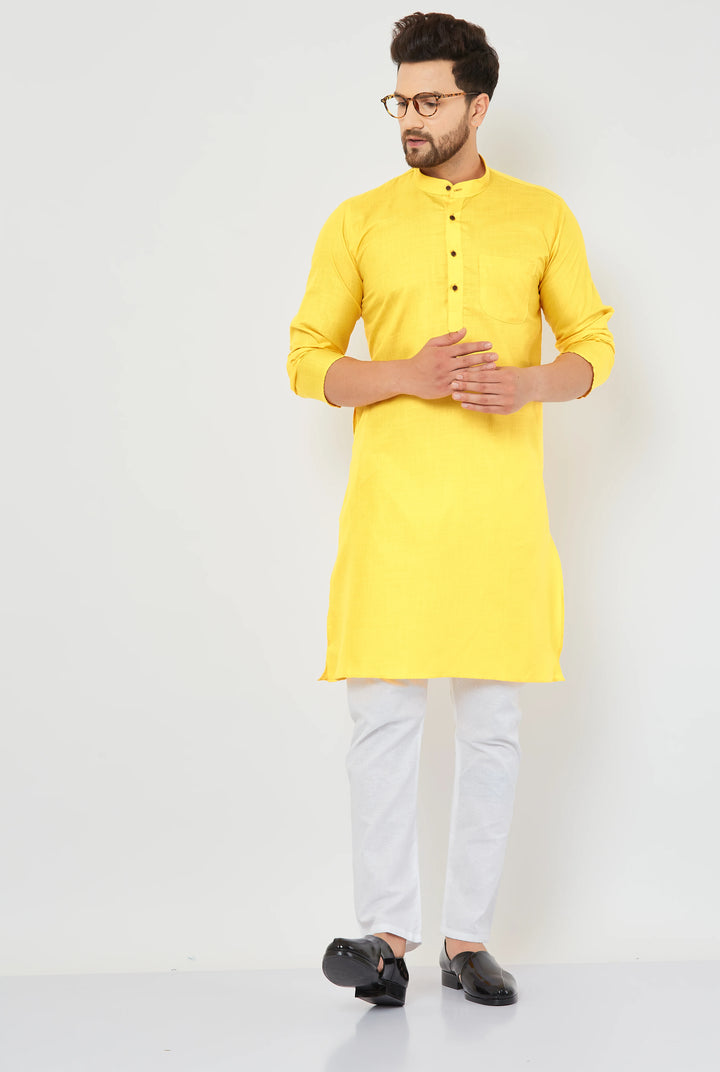 Men's Plain Solid Yellow Pure Cotton Kurta Only