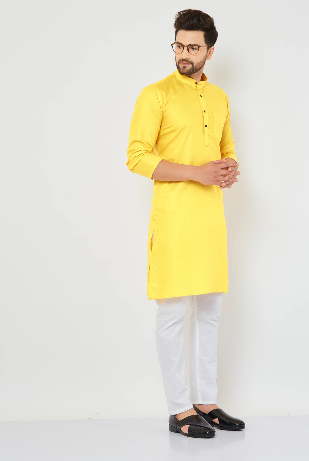 Men's Plain Solid Yellow Pure Cotton Kurta Only