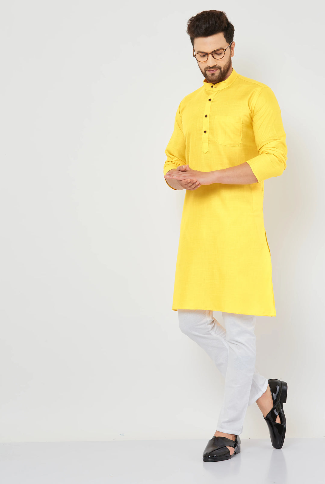 Men's Plain Solid Yellow Pure Cotton Kurta Only