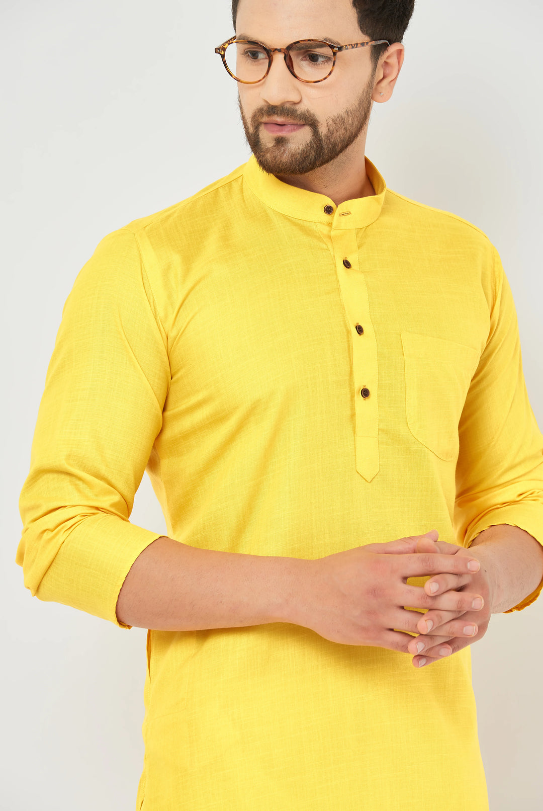 Men's Plain Solid Yellow Pure Cotton Kurta Only