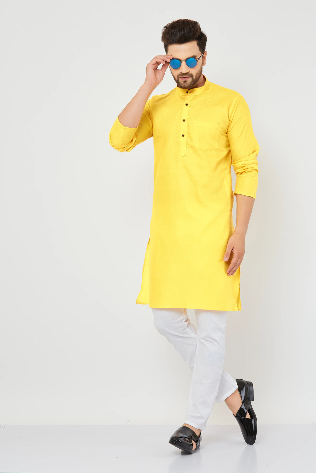 Men's Plain Solid Yellow Pure Cotton Kurta Only