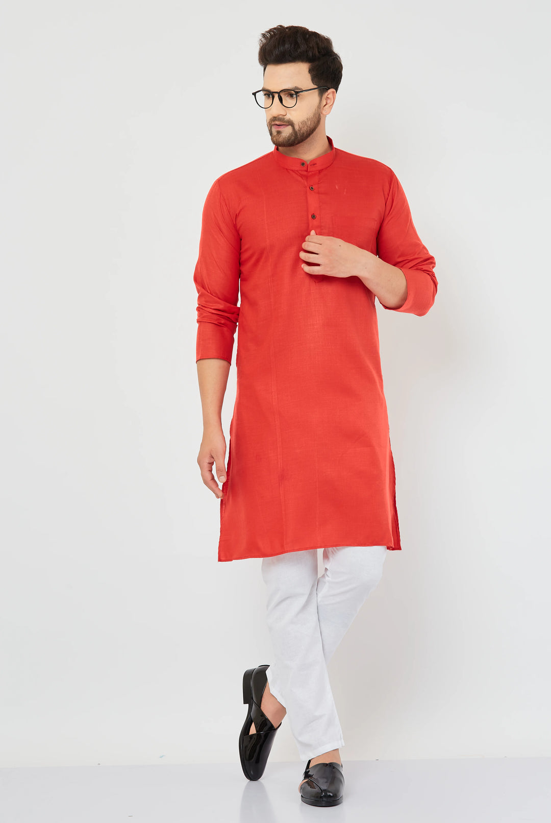 Men's Solid Plain Red Cotton Kurta