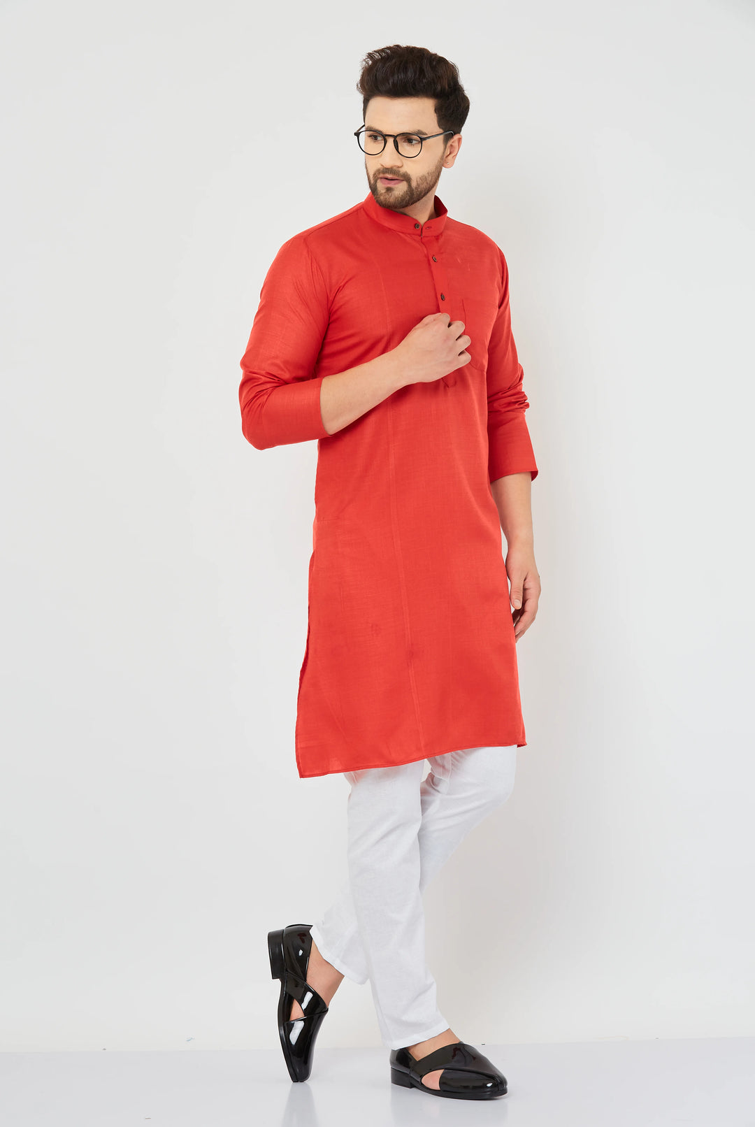 Men's Solid Plain Red Cotton Kurta