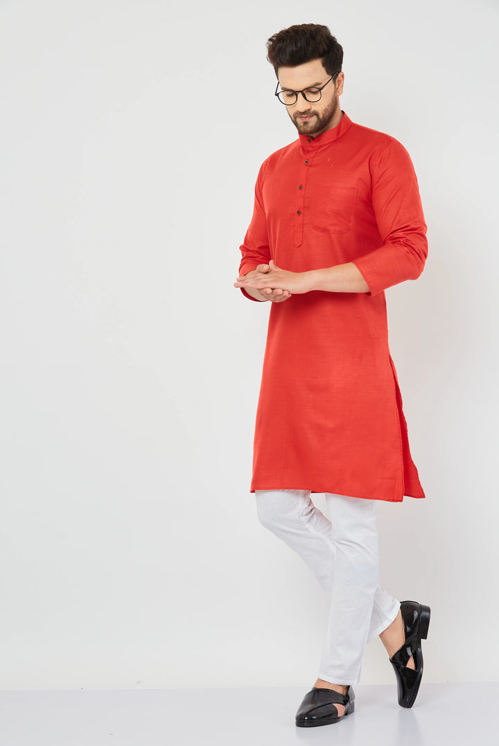 Solid Red Cotton Kurta Pajama Set for Men - Timeless Style, Distinct Sophistication