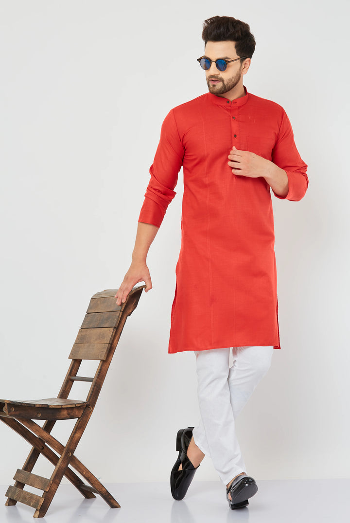 Men's Solid Plain Red Cotton Kurta