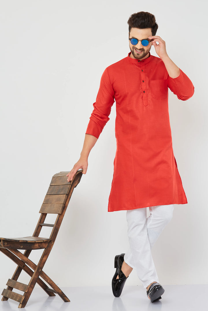 Solid Red Cotton Kurta Pajama Set for Men - Timeless Style, Distinct Sophistication