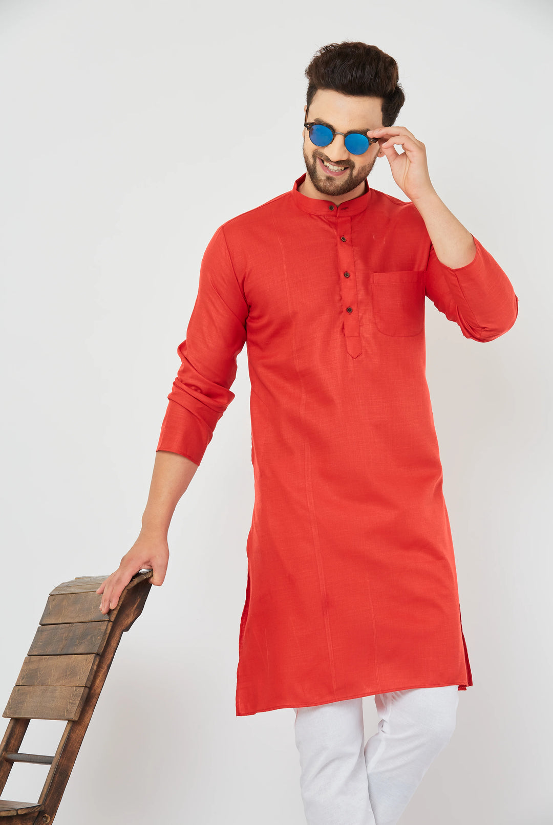 Men's Solid Plain Red Cotton Kurta