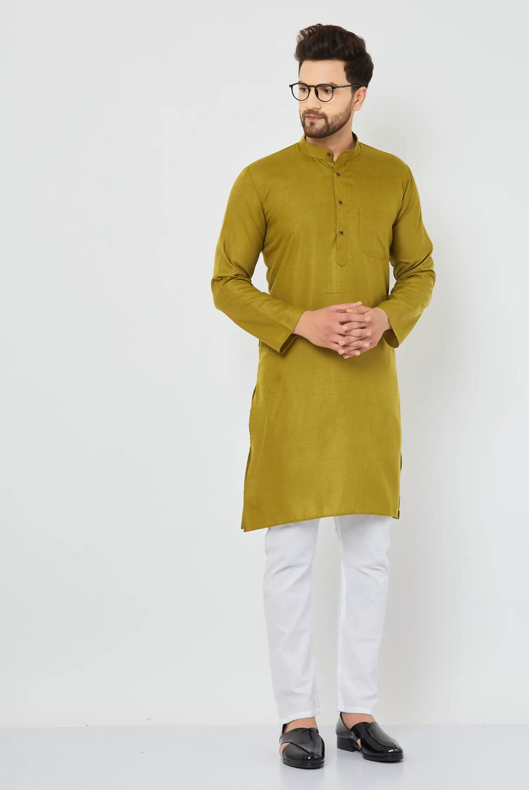 Mehndi Green Cotton Solid Plain Kurta with White Pajama Set for Men