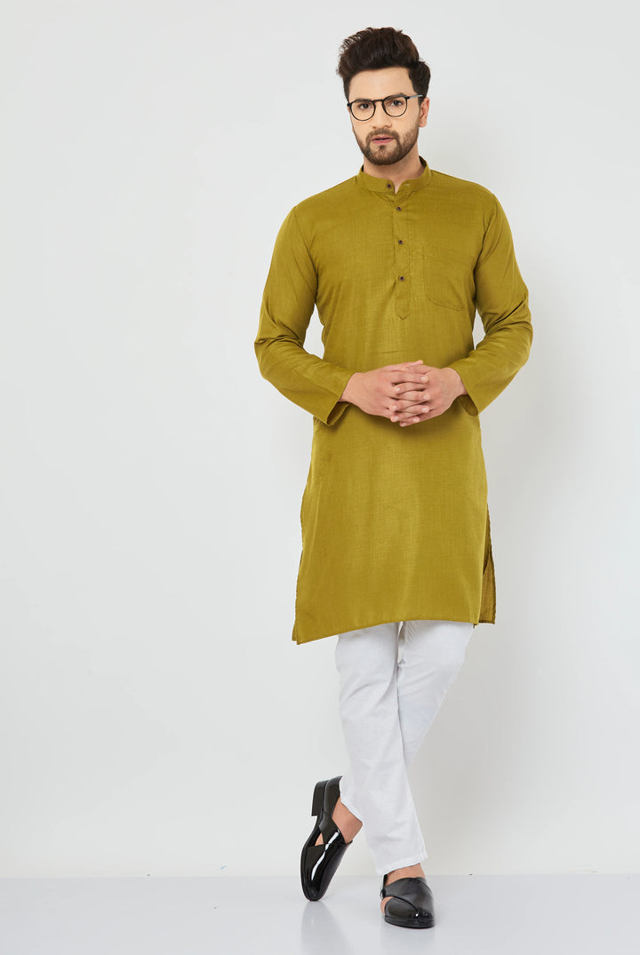 Men's Plain Solid Mehandi Color Cotton Kurta