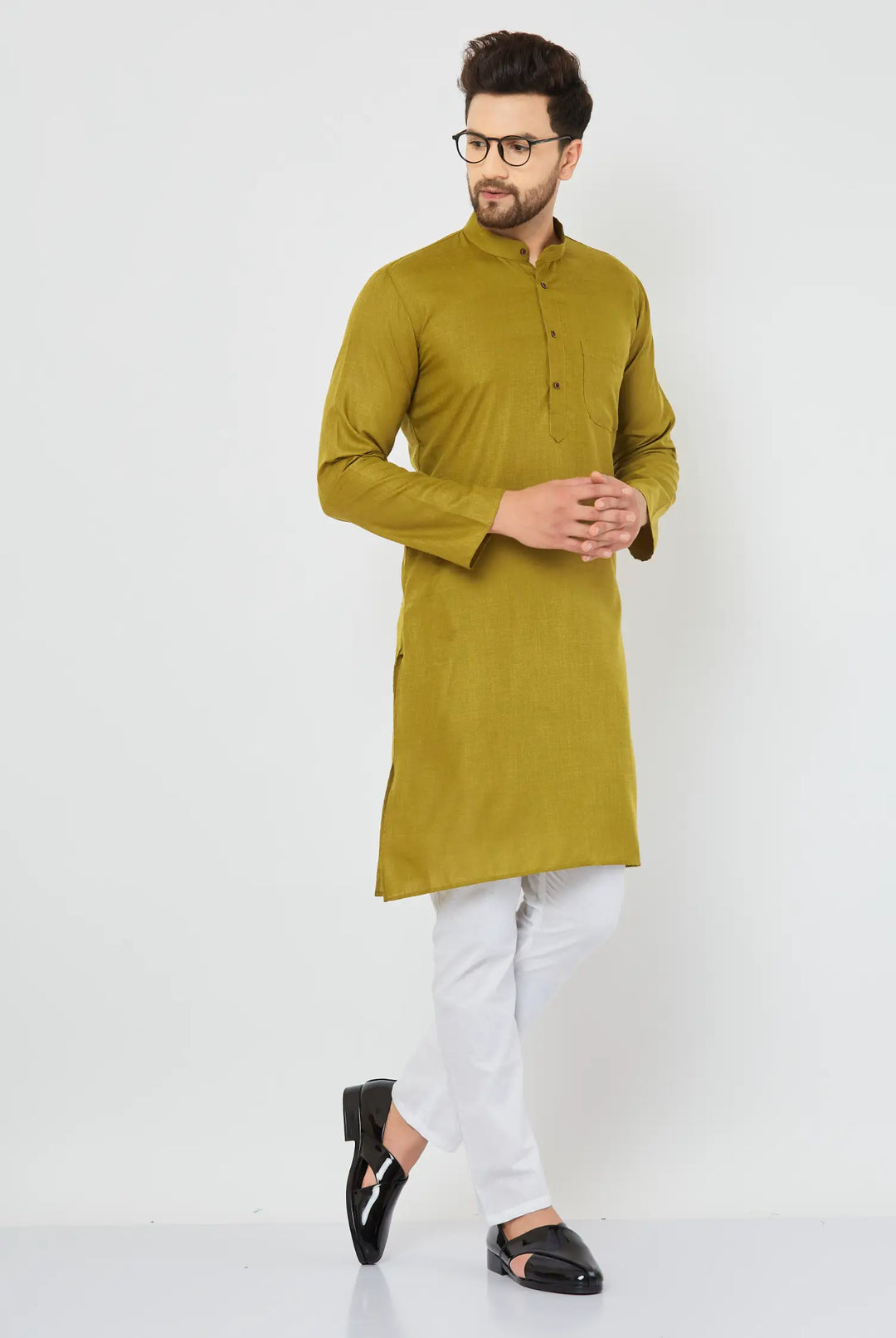 Mehndi Green Cotton Solid Plain Kurta with White Pajama Set for Men