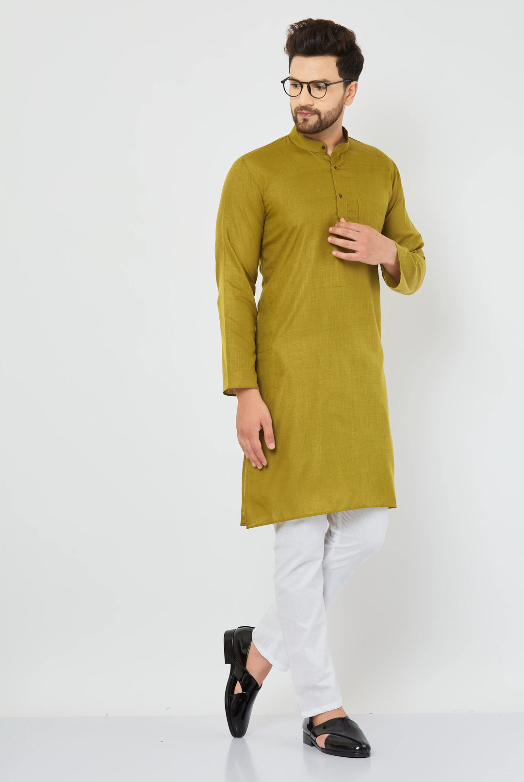 Men's Plain Solid Mehandi Color Cotton Kurta