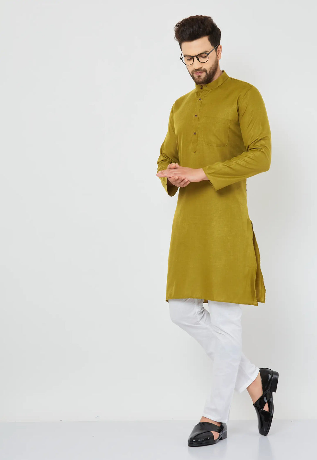 Mehndi Green Cotton Solid Plain Kurta with White Pajama Set for Men