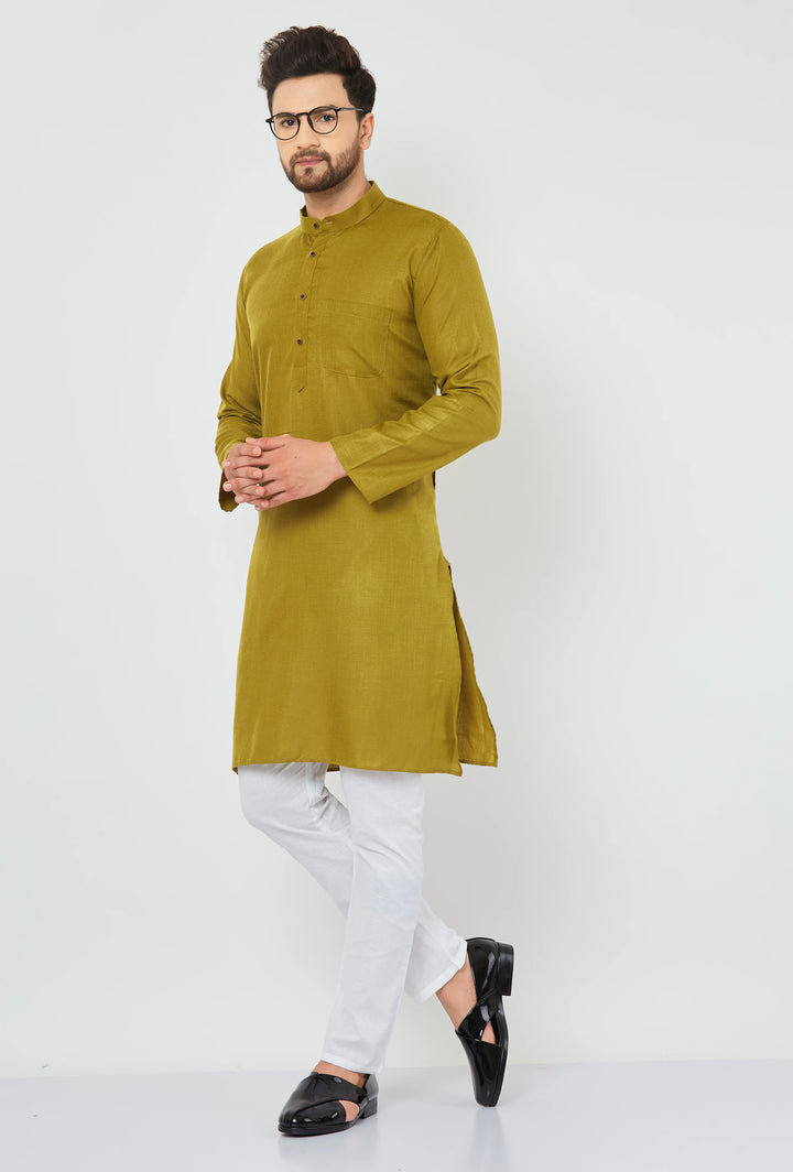 Men's Plain Solid Mehandi Color Cotton Kurta