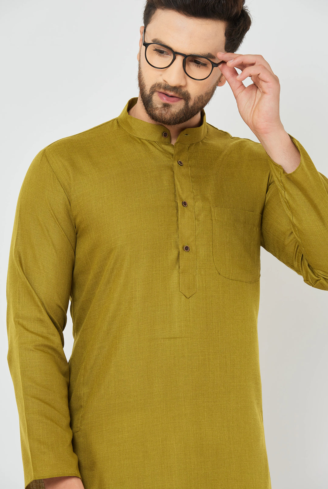 Men's Plain Solid Mehandi Color Cotton Kurta