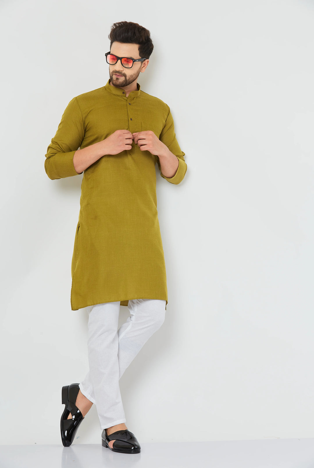 Men's Plain Solid Mehandi Color Cotton Kurta