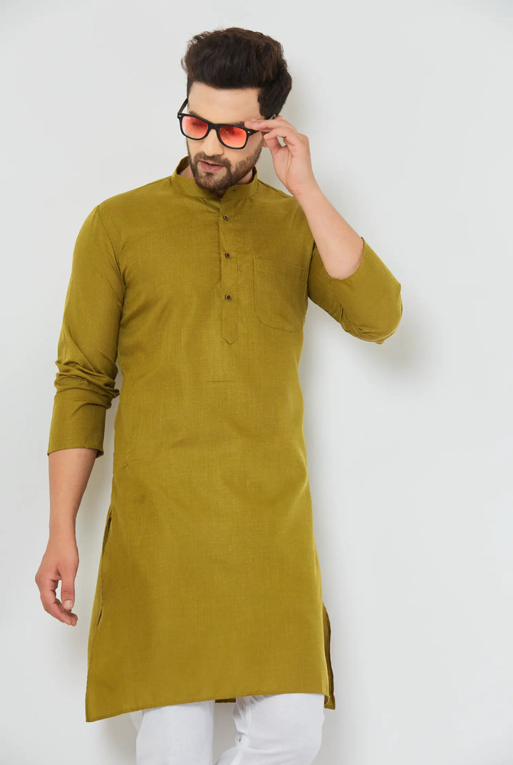 Mehndi Green Cotton Solid Plain Kurta with White Pajama Set for Men