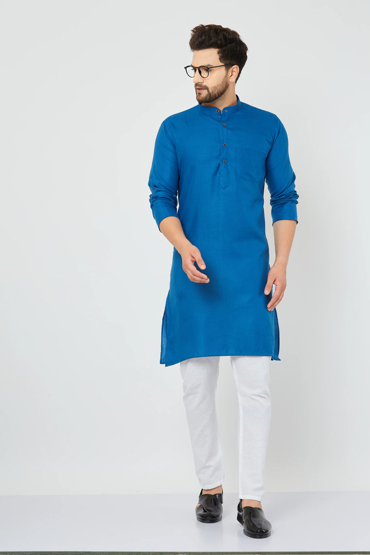 Men's Plain Solid Peacock Blue Cotton Kurta