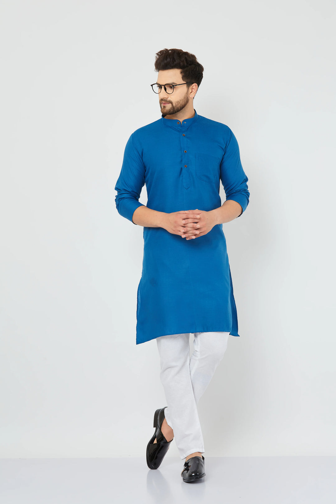 Men's Plain Solid Peacock Blue Cotton Kurta