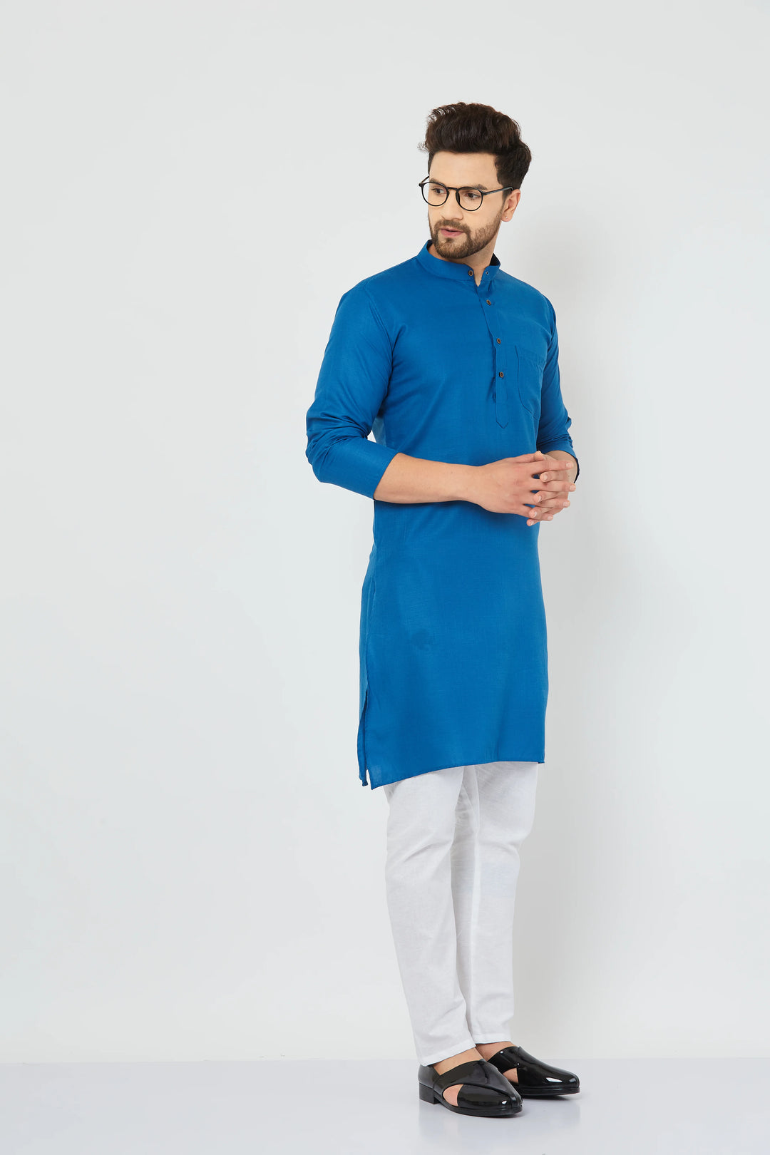 Men's Plain Solid Peacock Blue Cotton Kurta