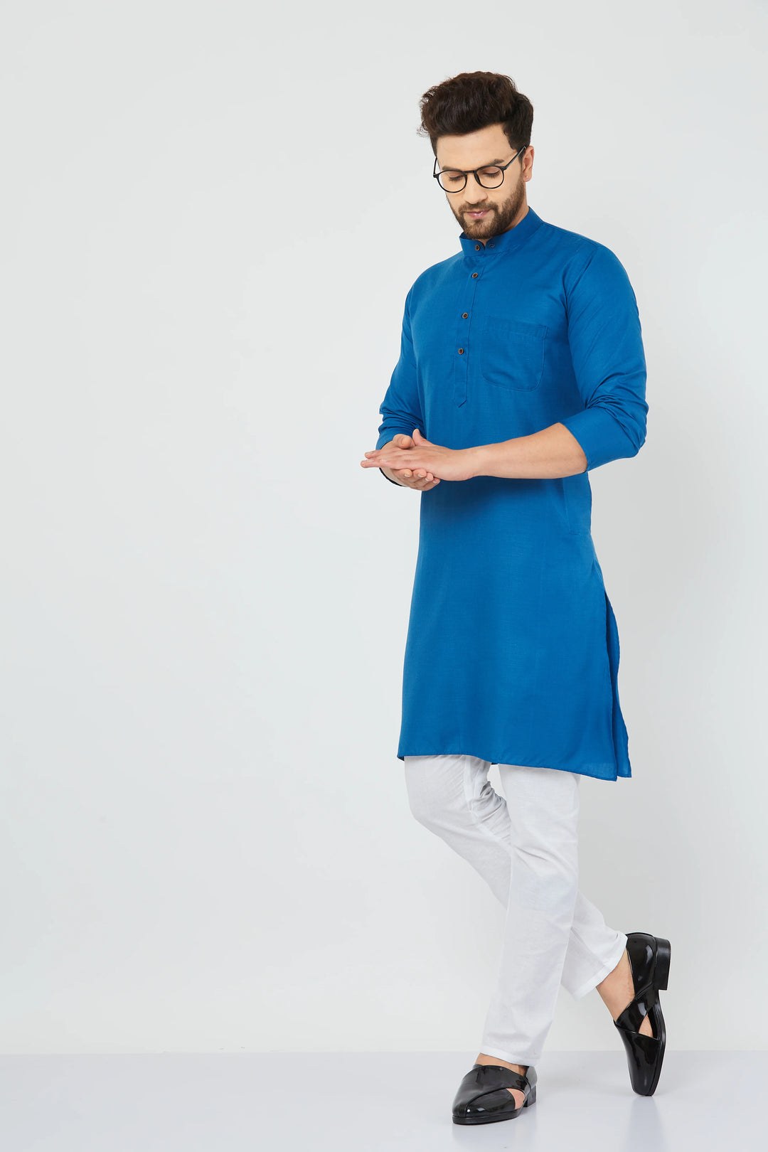 Men's Plain Solid Peacock Blue Cotton Kurta