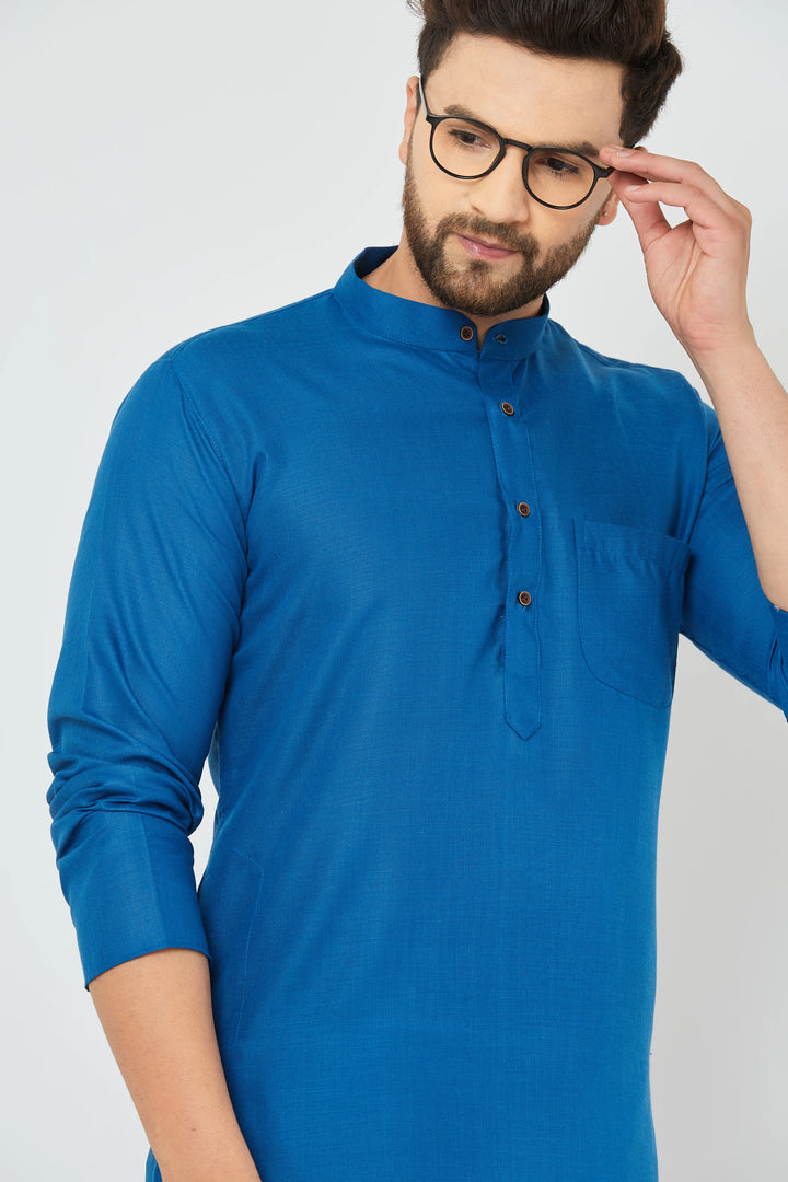 Men's Plain Solid Peacock Blue Cotton Kurta