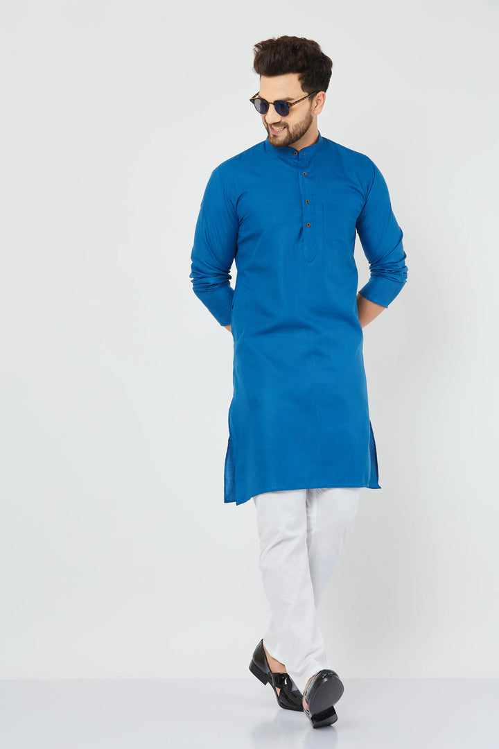 Men's Plain Solid Peacock Blue Cotton Kurta