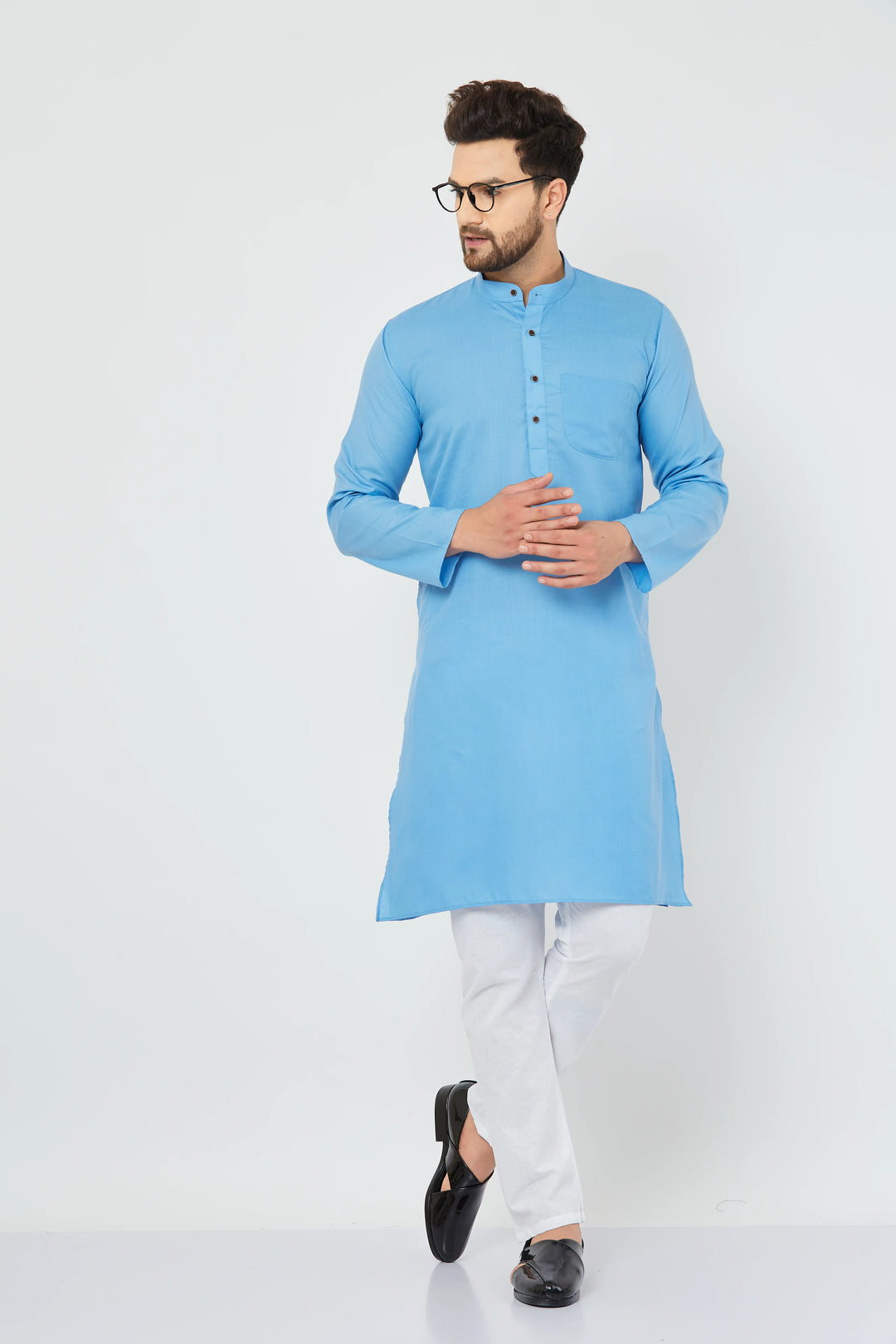 Men's Sky Blue Pure Cotton Bland Kurta