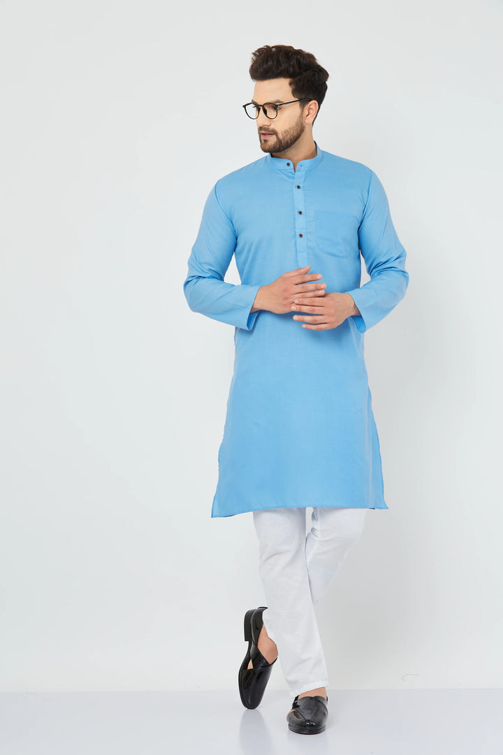 Men's Sky Blue Pure Cotton Bland Kurta