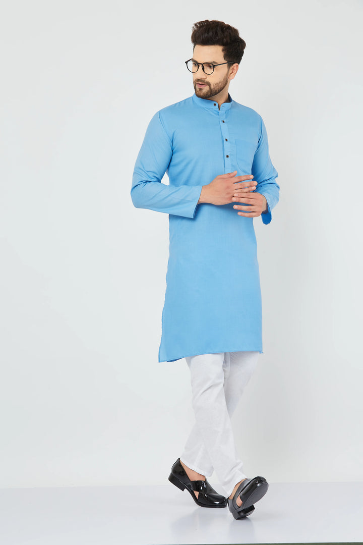 Men's Sky Blue Pure Cotton Bland Kurta