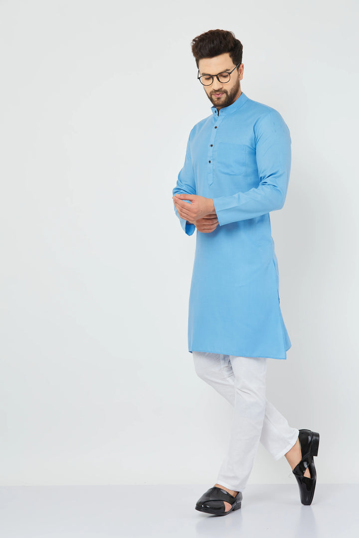 Men's Sky Blue Pure Cotton Bland Kurta