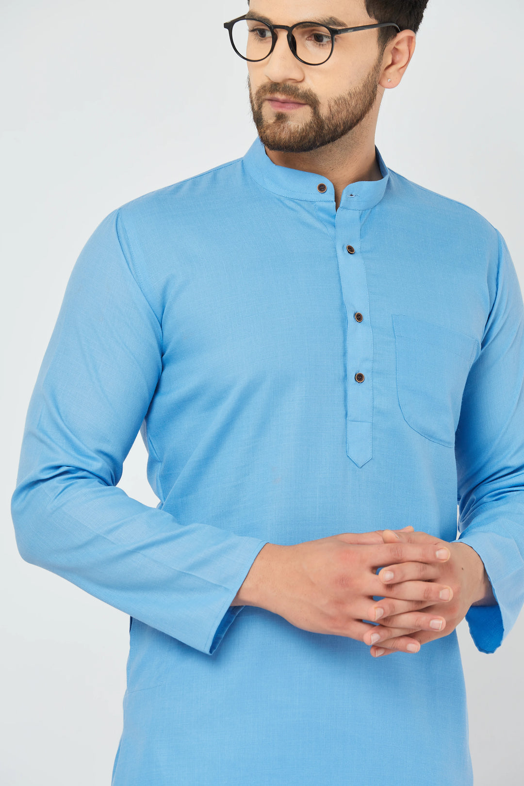 Men's Sky Blue Pure Cotton Bland Kurta