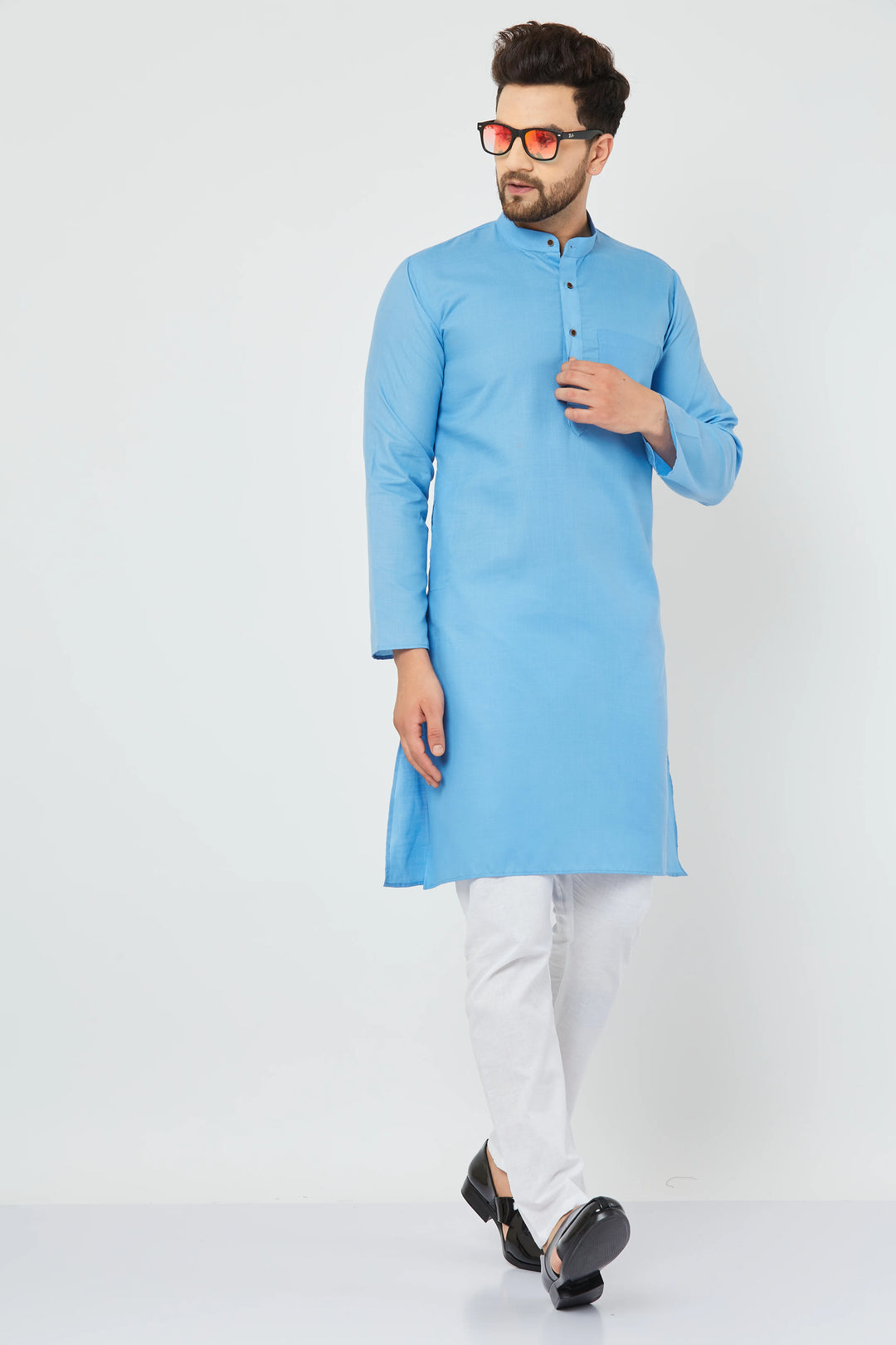 Men's Sky Blue Pure Cotton Bland Kurta