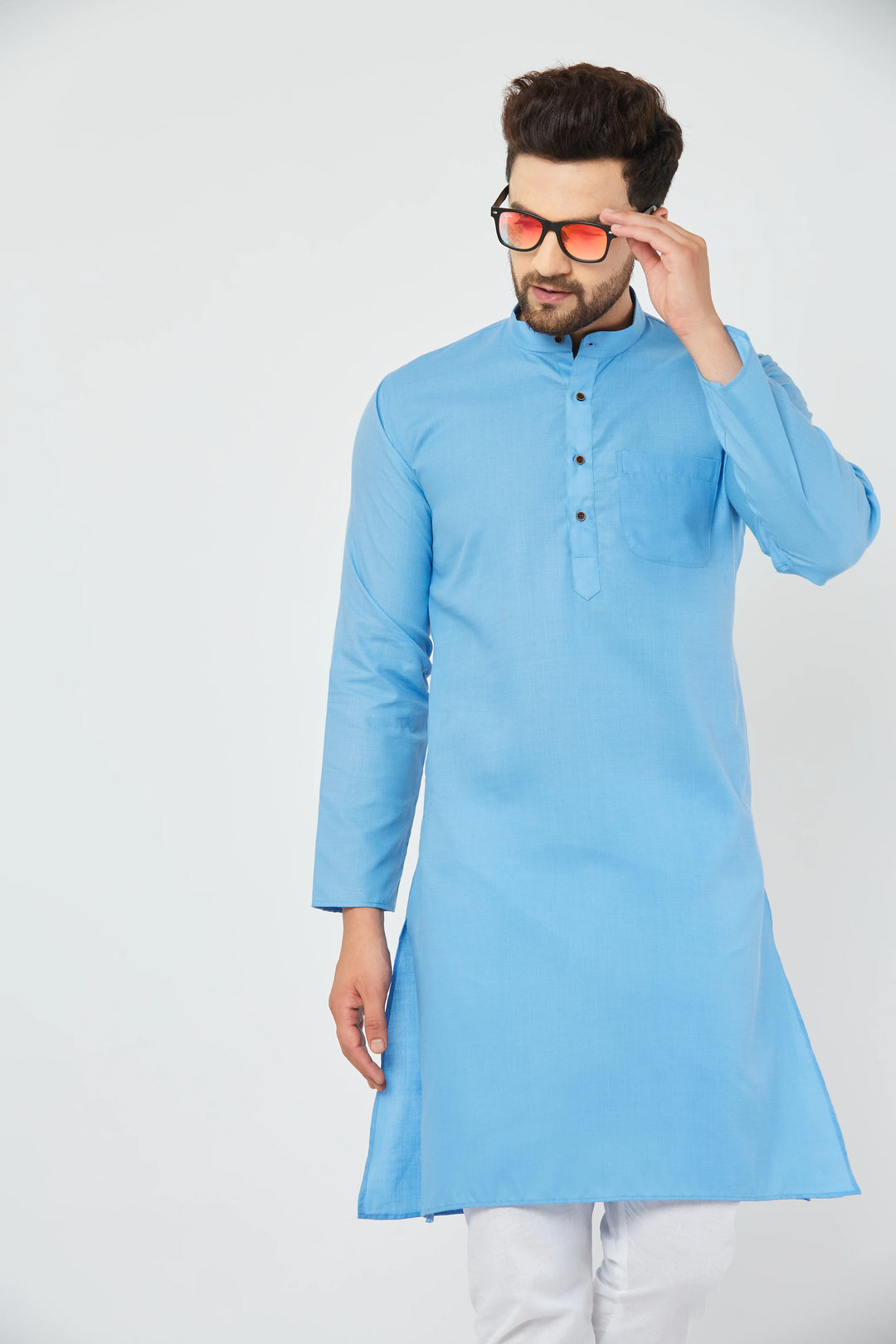 Men's Sky Blue Pure Cotton Bland Kurta